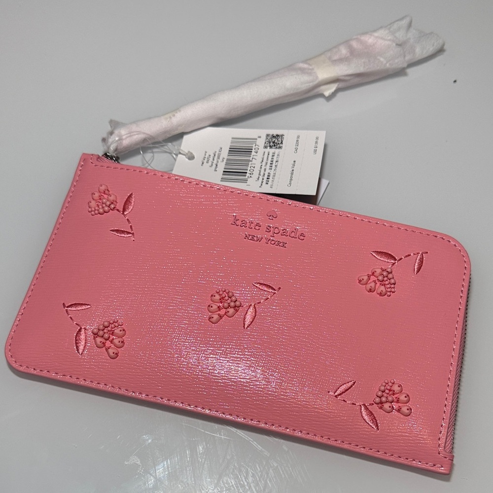 Kate Spade Wristlet Med L-Zip Floral Embellished Grapefruit Wallet NWT $159